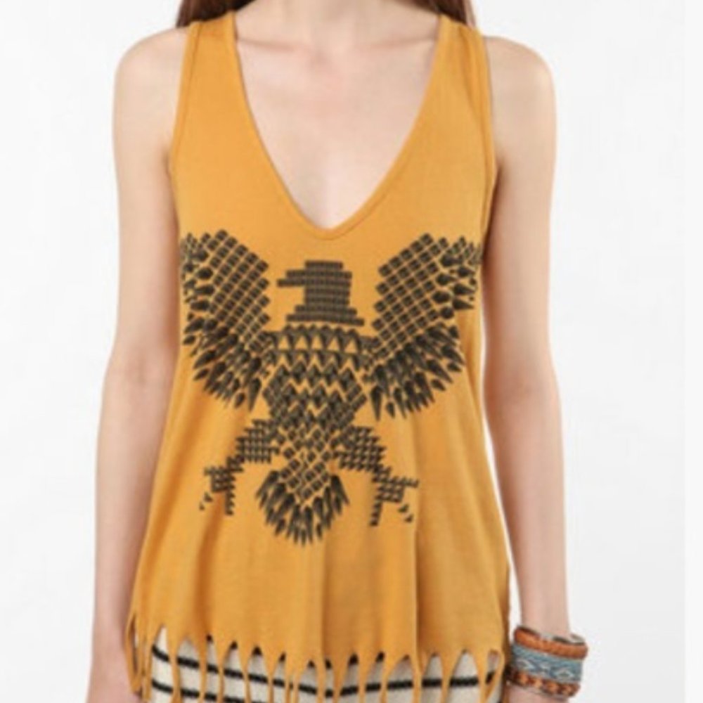 Urban Outfitters Yellow Aztec Eagle Fringe Tank Top